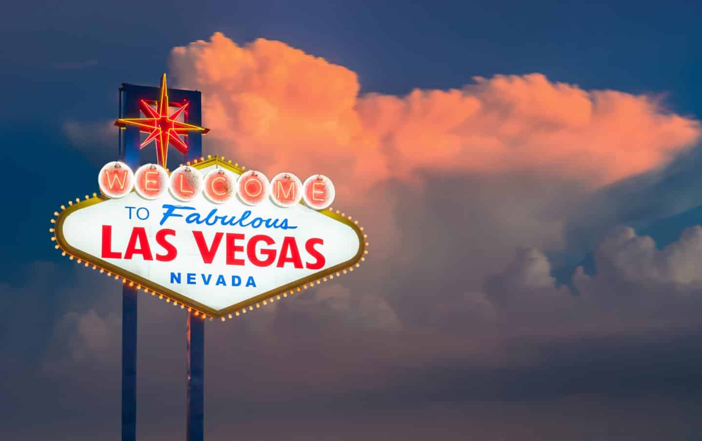 The Welcome to Fabulous Las Vegas sign in Las Vegas, Nevada USA sunset