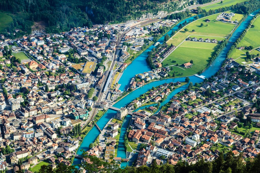 Interlaken town and Aare river, from the view point of Harder Kulm, Interlaken, Switzerland
