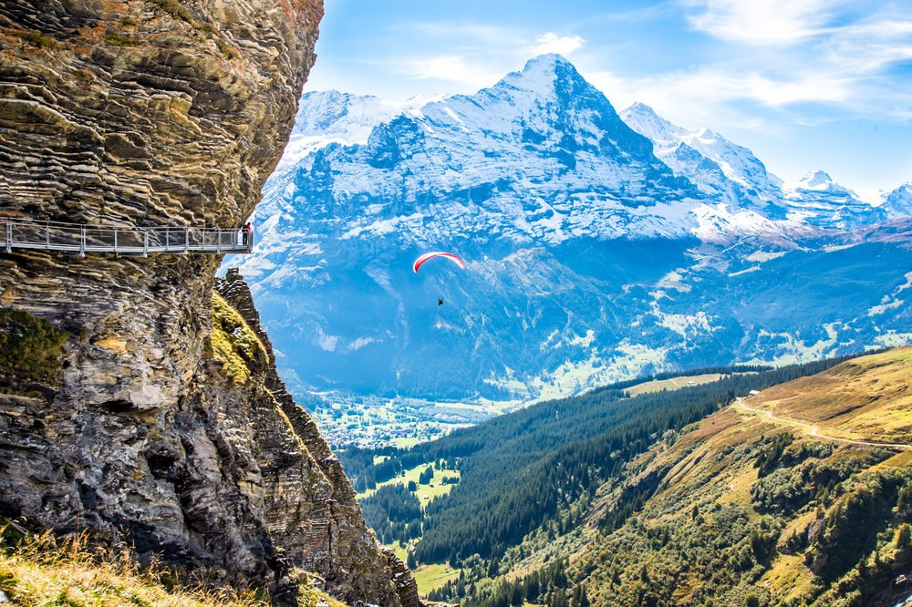 Cat walk round the First cable car top station over snowy Alps above Grindelwald, Switzerland.