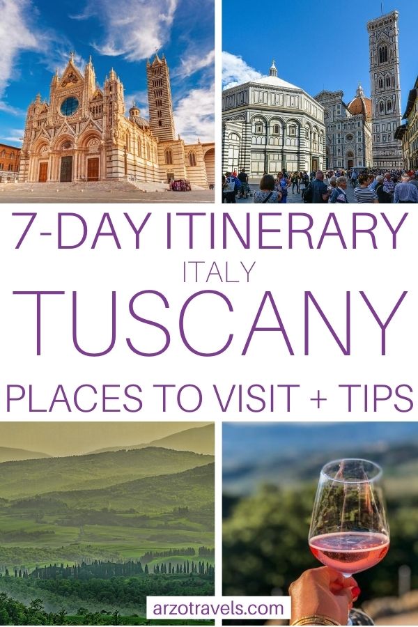 7-day Tuscany itinerary pin for Pinterest. places to visit and more tips for 7 days in Tuscany, Italy
