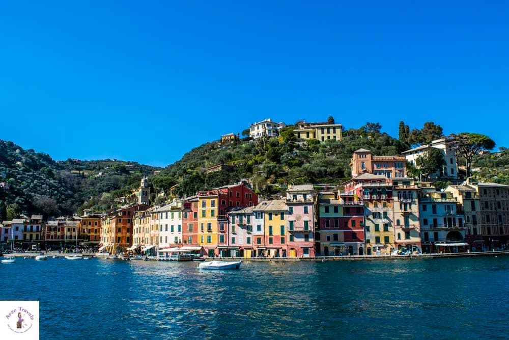 Portofino Harbor approahing by boat, a good day trip from CInque Terre