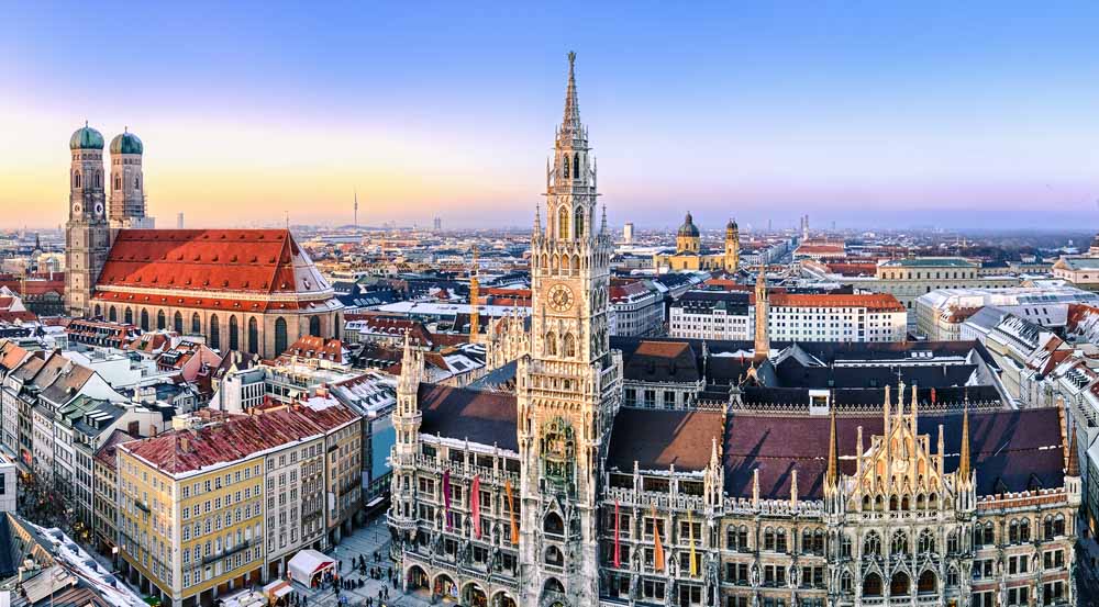 Panorama view of Munich city center showing the City Hall and the Frauenkirche, Germany