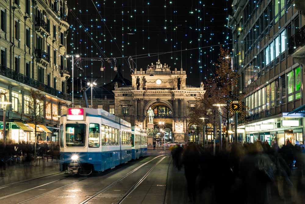 Christmas shopping in the decorated Zurich Bahnhofstrasse