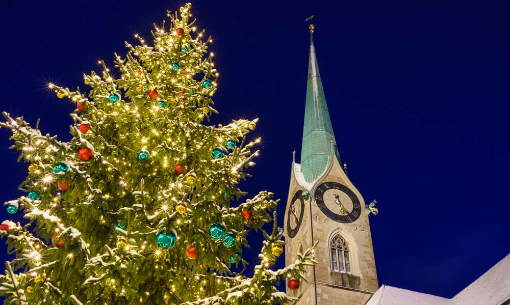 Church and Christmas Tree in Zurich, Switzerland