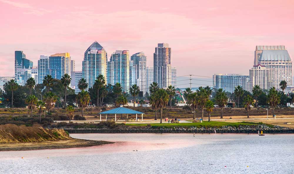 Mission Beach Sunset and View of Downtown, San Diego California, USA