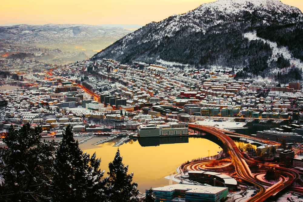 Bergen in the winter with roads , Norway