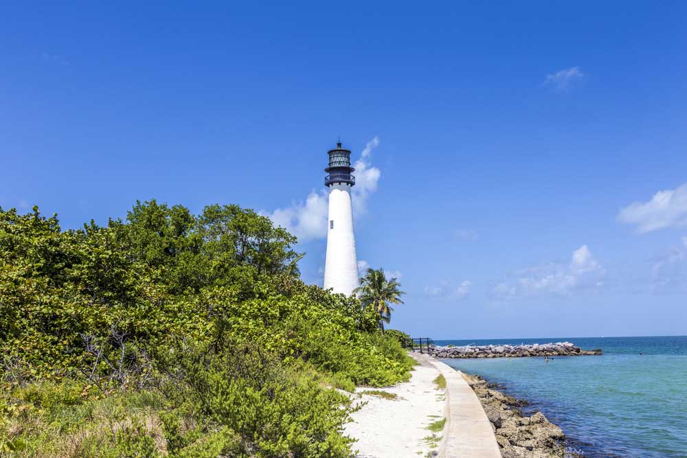 Famous lighthouse at Cape Florida in the south end of Key Biscayne , Miami_