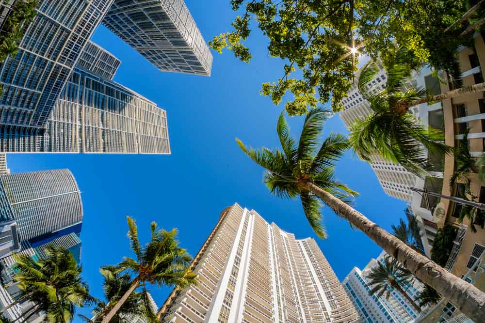 Fish eye view of the Brickell Key area in downtown Miami along Biscayne Bay