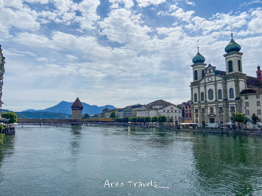 Reuss River and Jesuit CHurch and Chapel Bridge one of the best places to visit in Lucerne