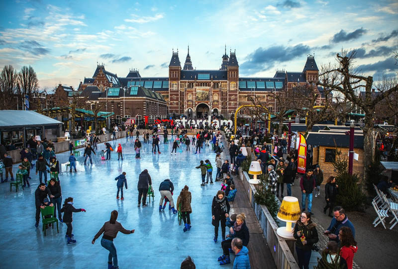 winter ice skating rink in front of the Rijksmuseum,