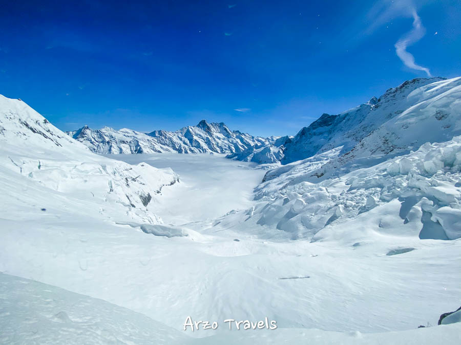 Jungfraujoch Eismeer station view of Aletsch Glacier in April