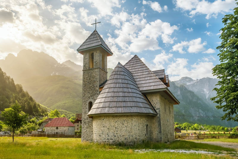 Christian Church in the village of Theth in Prokletije or Acursed Mountains in Theth National Park, Albania.